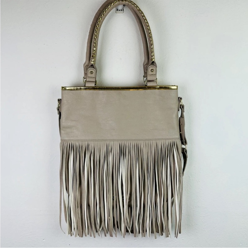 Steve Madden Tan Crossbody Fringed Tote Bag Snap Closure Adjustable Strap